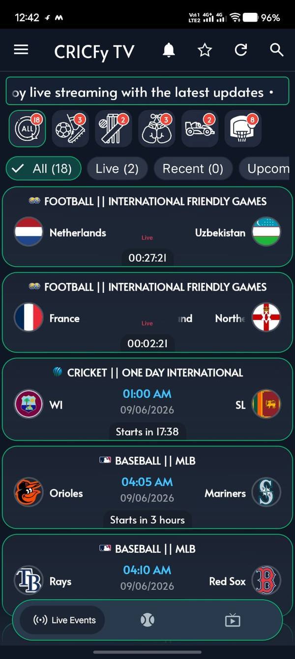 CricFy TV home screen showing live and upcoming matches