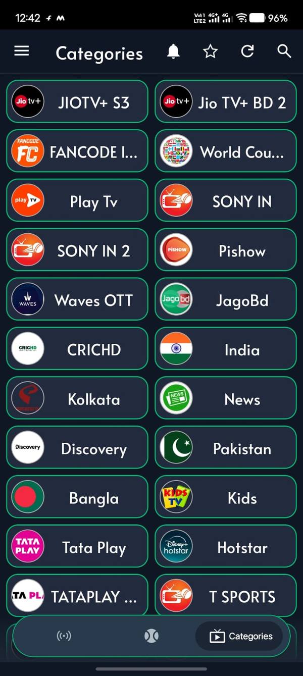 CricFy TV TV channel categories like JioTV, Sony and Hotstar
